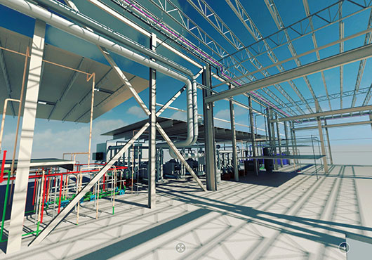 A 3D rendering of mechanical and plumbing systems for a warehouse at the Blue Origin campus.